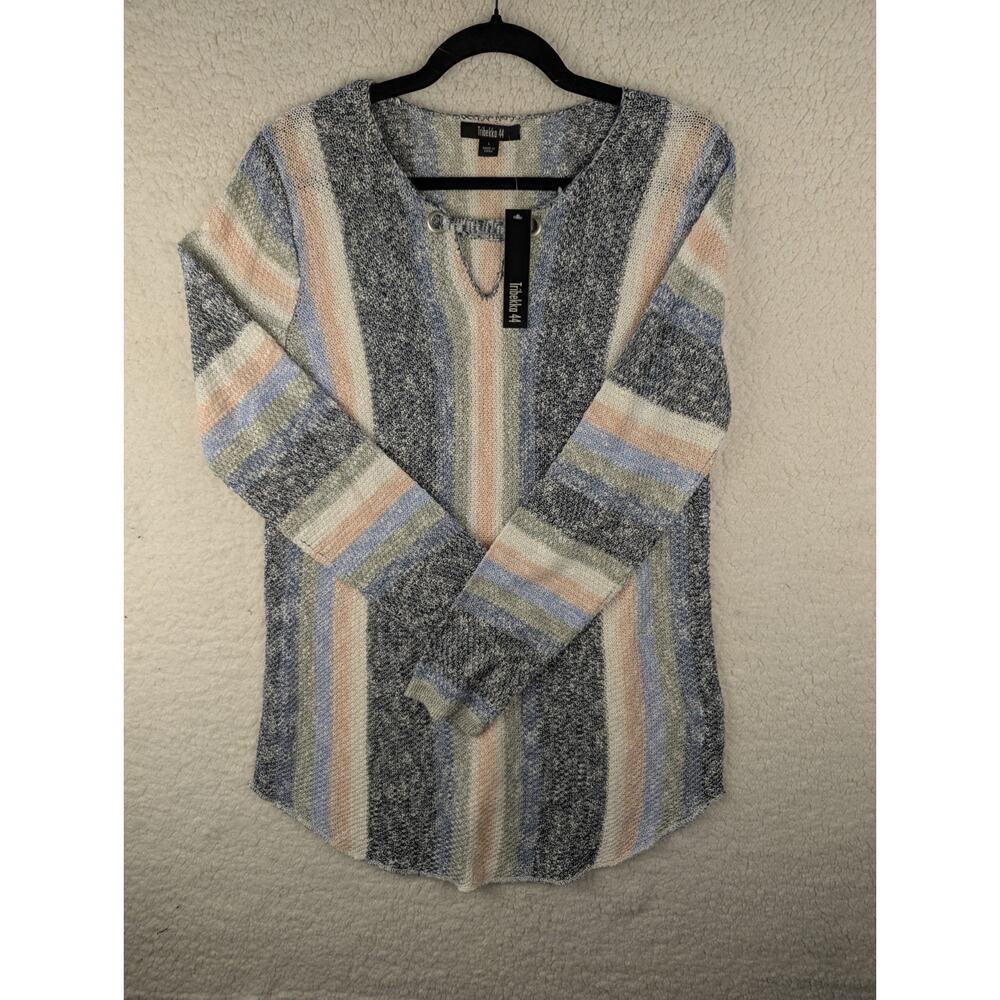 Tribekka 44 Womens Large Striped Knit Top Blue Peach Keyhole Grommet Long Sleeve